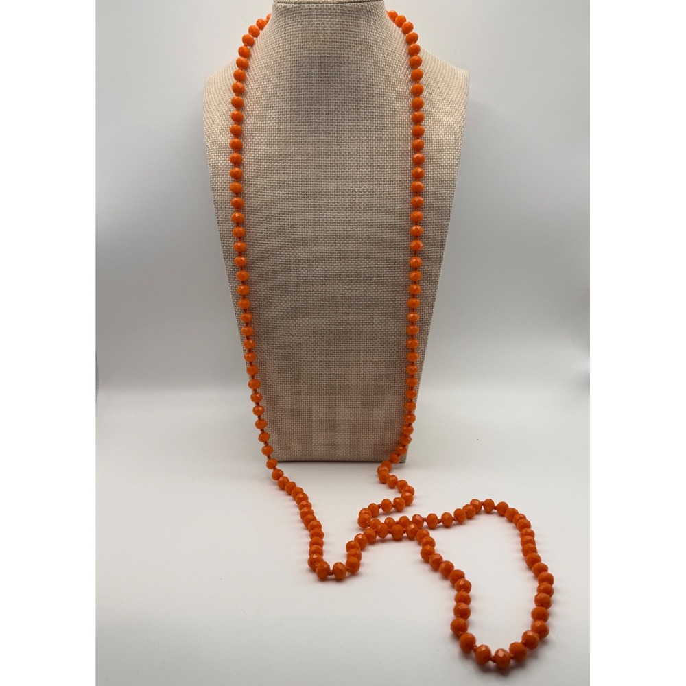 VTG Style Glass Bead Knotted Long Orange Strand Necklace 50 Inch Statement Boho‎